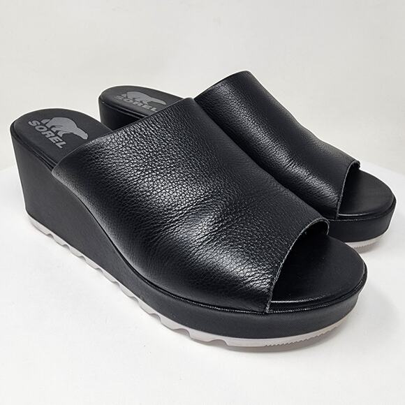 Sorel Cameron Wedge Slide Women 10M Black Leather Comfort Platform NL4643-010 - Picture 1 of 11